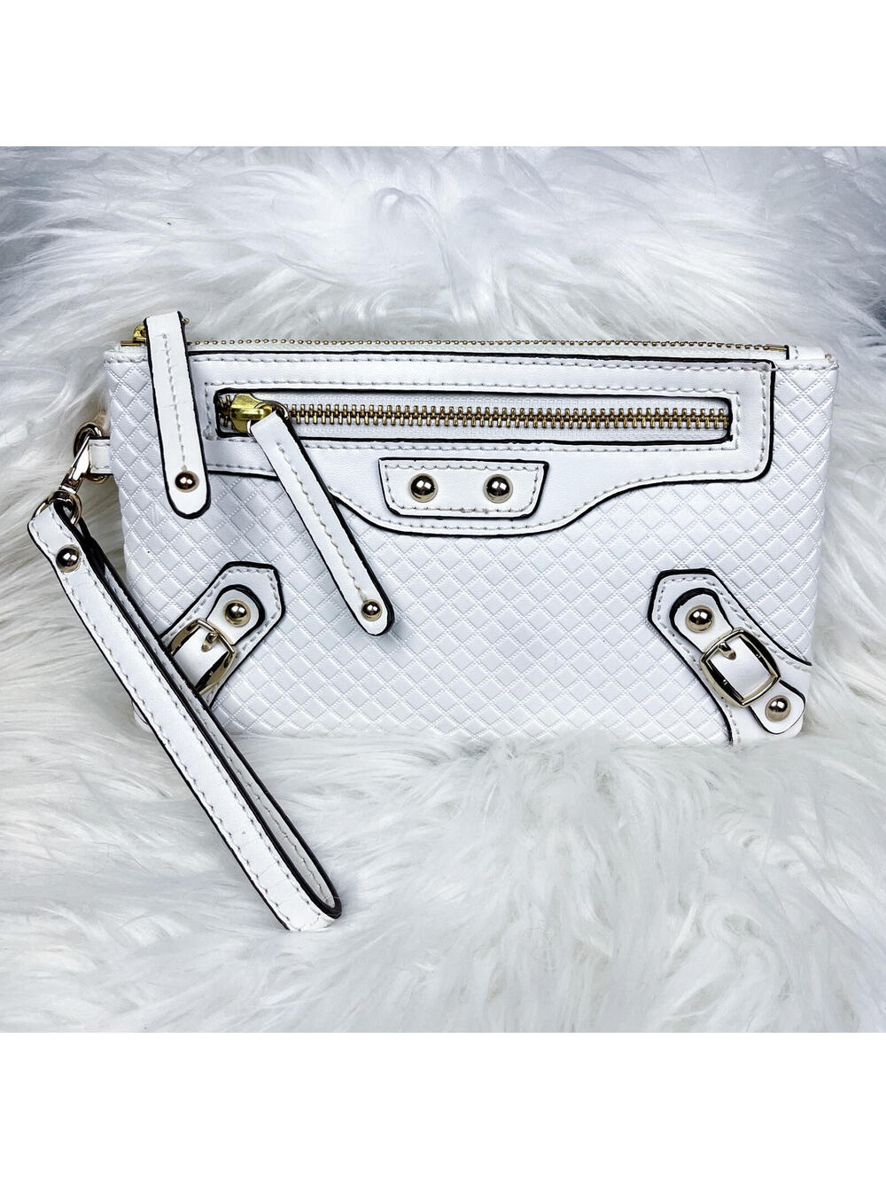 Y2K Danier Wristlet Purse, Leather White Quilted Gold Hardware Mini Handbag